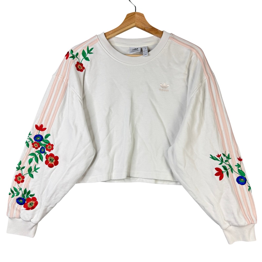 Adidas Originals White Floral Embroidered Cropped Sweatshirt Pink Stripes Small